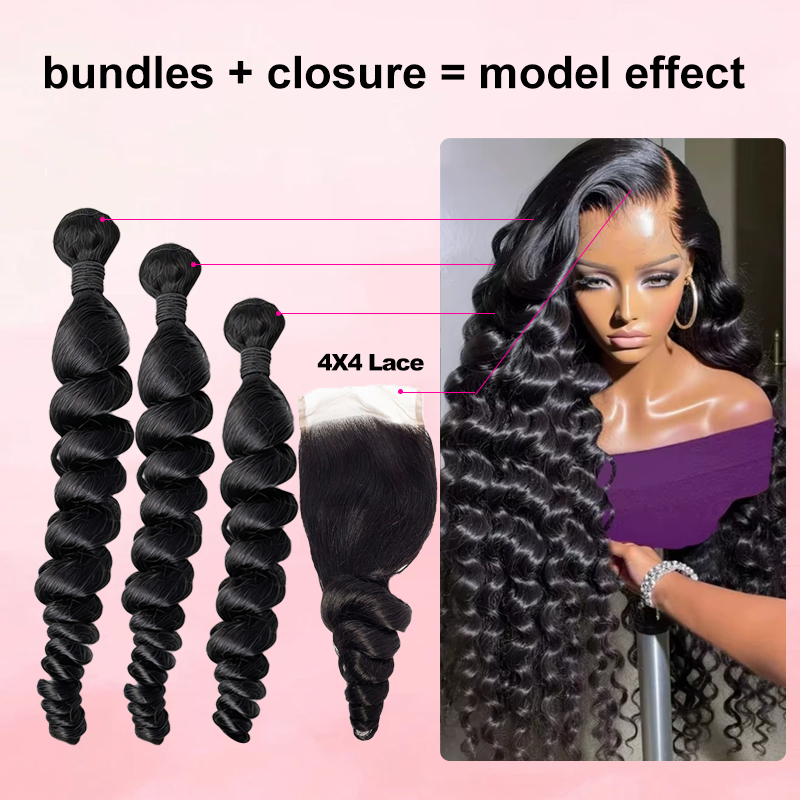 Deep Wave 3 Bundles With Closure - 30～40インチのルーズウェーブヘアバンドル、4x4レースクロージャー付き、3～4ピースのバージン未加工人毛ブラジル産ナチュラルブラックカラー、ルーズディープウェーブ人毛バンドル、ダブルウェフト生毛エクステ