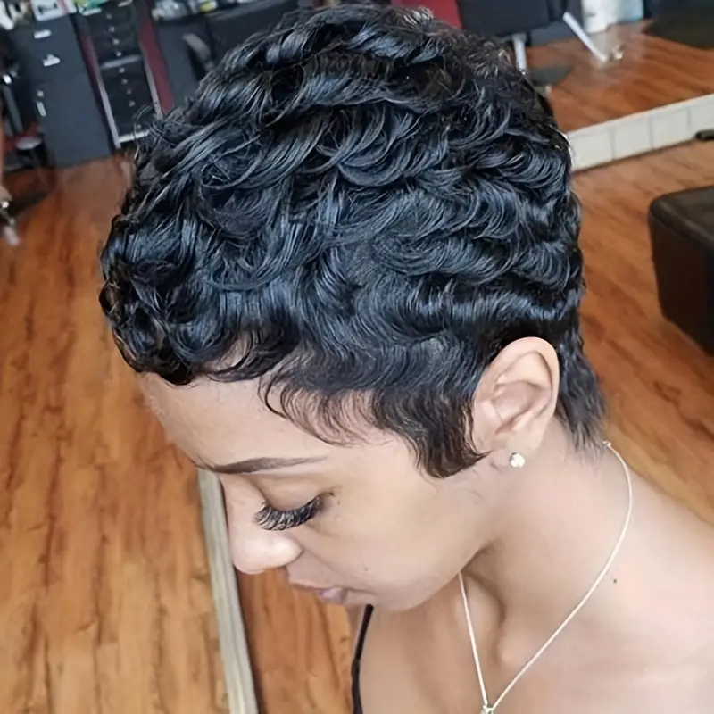 Short Pixie Cut Wig Human Hair Cheap - ショートボブピクシーカットウィッグ ピクシーカール人毛ブラジル産ヘアウィッグ 黒人女性用マシンメイドウィッグ 前髪付き 格安ノーレースウィッグ
