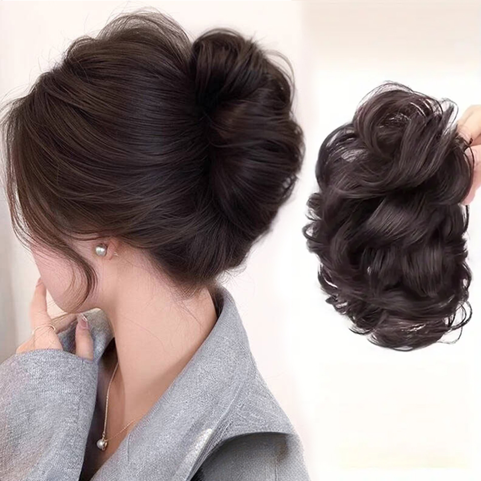 Claw Clip Messy Bun Hair Piece - 合成メッシーおだんごヘアピース爪クリップポニーテールエクステンションシュシュスタイル怠惰な花のつぼみおだんごシニヨン波状カーリーポニーテール