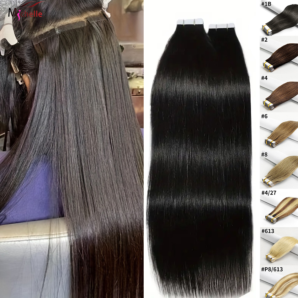 Invisible Tape In Extensions Real Hair - テープインヘアエクステンション ストレート人毛 ブラジル人毛エクステンション 20 個 ストレートテープイン接着剤