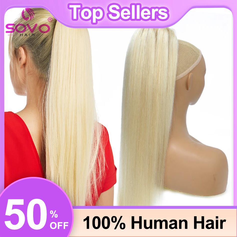Seamless Clip In Hair Extensions Human Hair - SOVO 巾着ポニーテール人毛ストレートヨーロッパブロンドハイライト本物の自然なヘアエクステンションクリップでかつらポニーテール