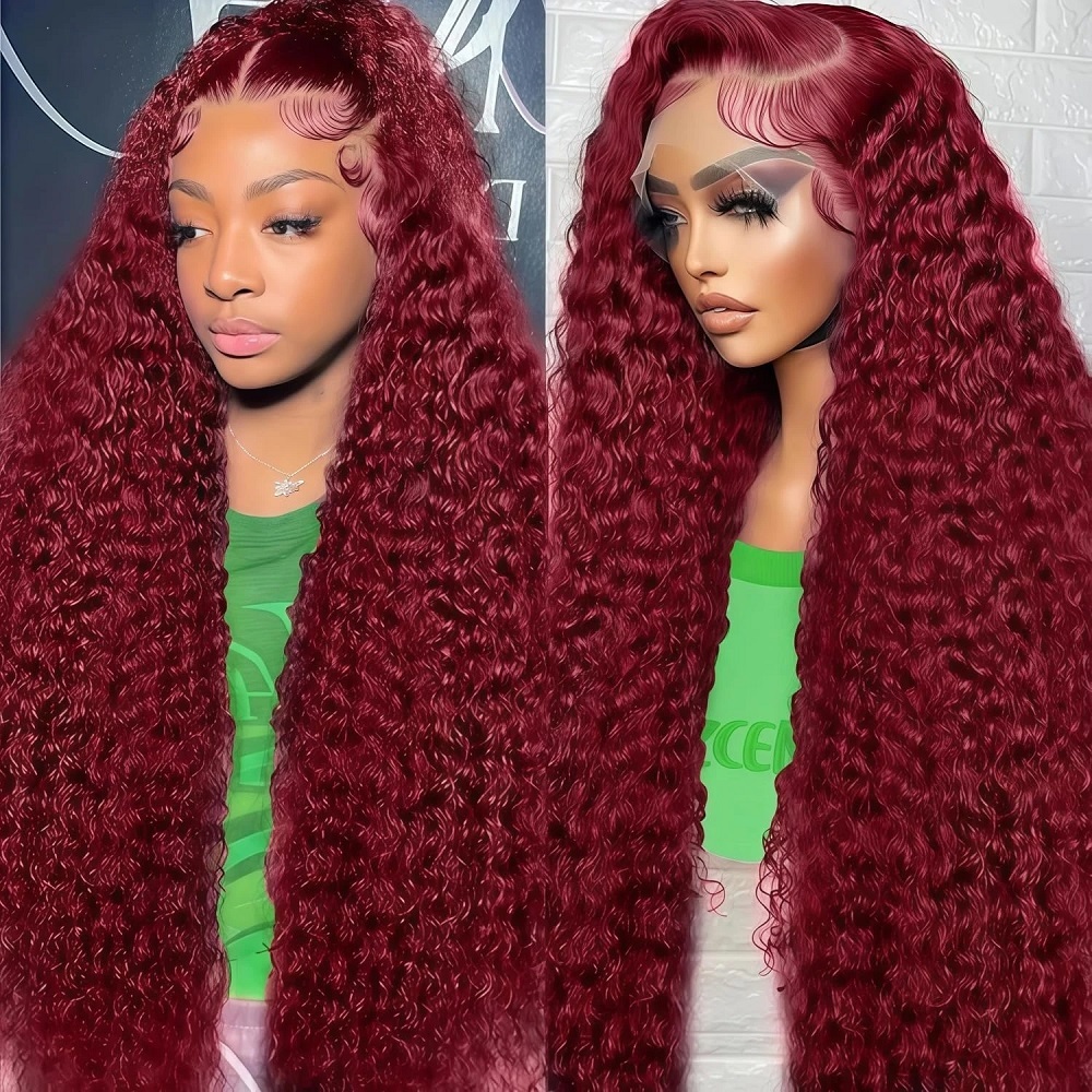 Lace Front Wigs - 99Jバーガンディカラーのディープウェーブ、密度200、13x6透明レースフロント、人毛ウィッグ、44/46インチ、13x4 HDフルレースフロントウィッグ