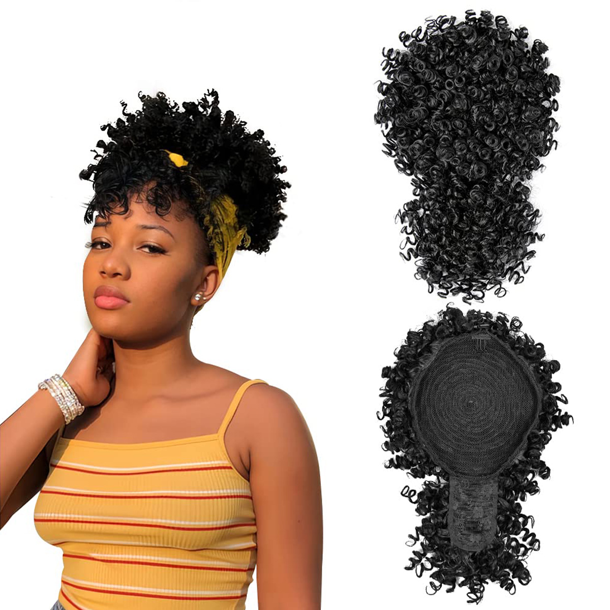 Drawstring Afro Curly Puff Ponytail - フリンジ付きアフロパフ合成引きひもポニーテール、黒人女性用パイナップルアップヘア、ショートキンキーカーリーバン、1b