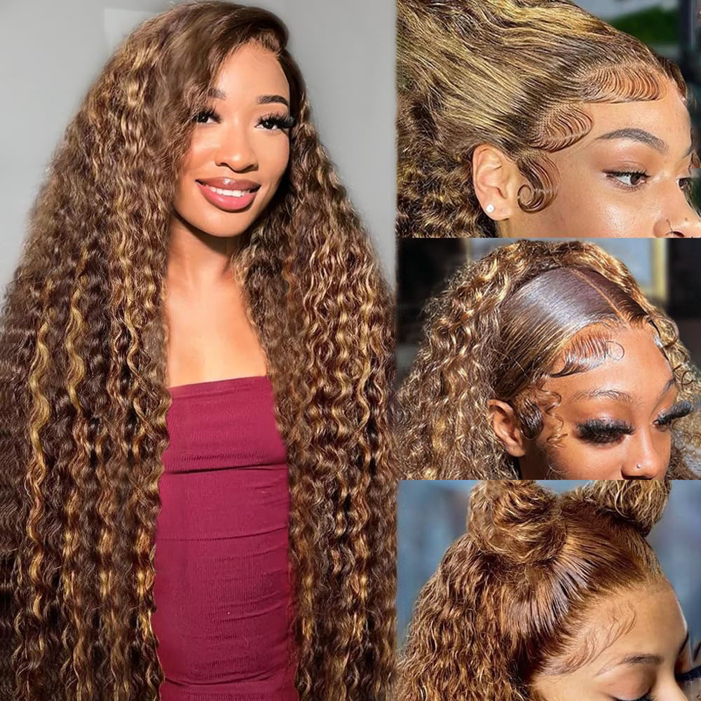 Lace Front Wigs - 36インチ ディープウェーブ P4/27 ハイライト オンブレ 13x6