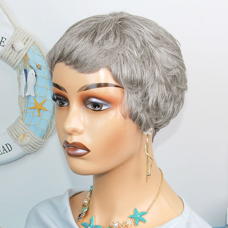 Short Pixie Cut Wig Human Hair Cheap - ショートストレート人毛ウィッグ グレー ブラジリアンレミーヘア ピクシーカットウィッグ 安価な人毛フルマシンメイドウィッグ 黒人女性向け