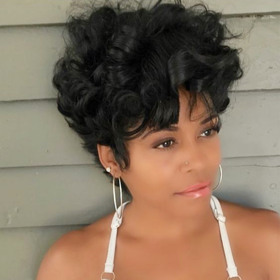 Short Pixie Cut Wig Human Hair Cheap - 黒人女性のための自然な波状のかつら,短いピクシーカットの人間の髪の毛,ブラジルの髪150%,完全な機械製,弾力性