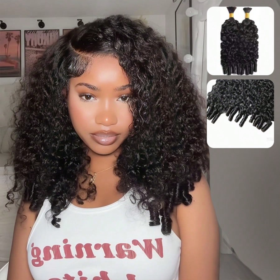 Water Wave Bulk Human Hair For Braiding - スマイルガール バーマンカーリー人毛バルク12A 編み込みヘアエクステ ナチュラルブラックカラー ノーウェフト 生バージン