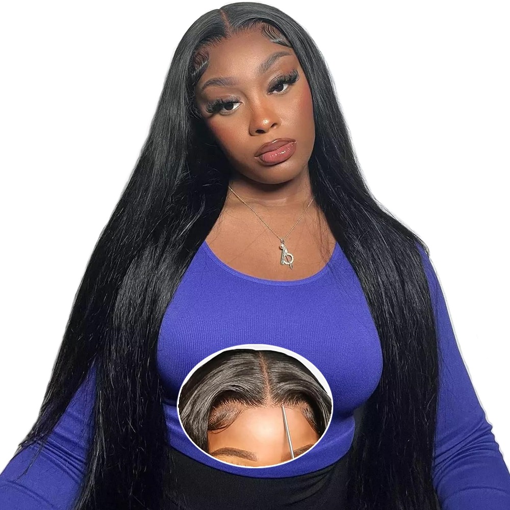 Lace Front Wigs - 7x6 HDグルーレスストレートクロージャーフルレースウィッグ 女性用 すぐに着用可能 ストレート人毛ウィッグ 密度200