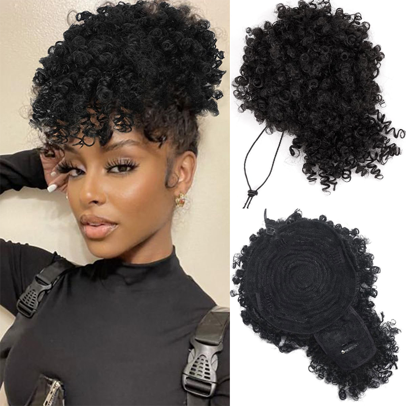 アフロパフ変態カーリーヘアアップヘアポニーテールエクステンシ - Drawstring Afro Curly Puff Ponytail のレビューと価格