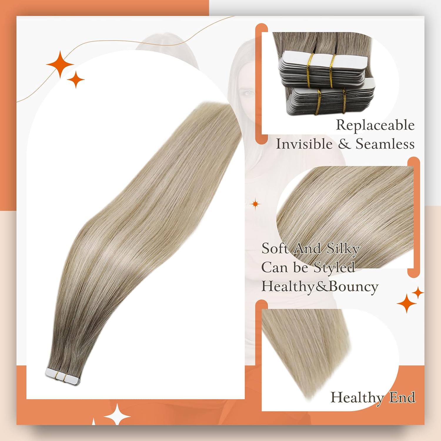 フルシャインテープ人毛エクステンションバレイヤージュブロンド - Invisible Tape In Extensions Real Hair のレビューと価格