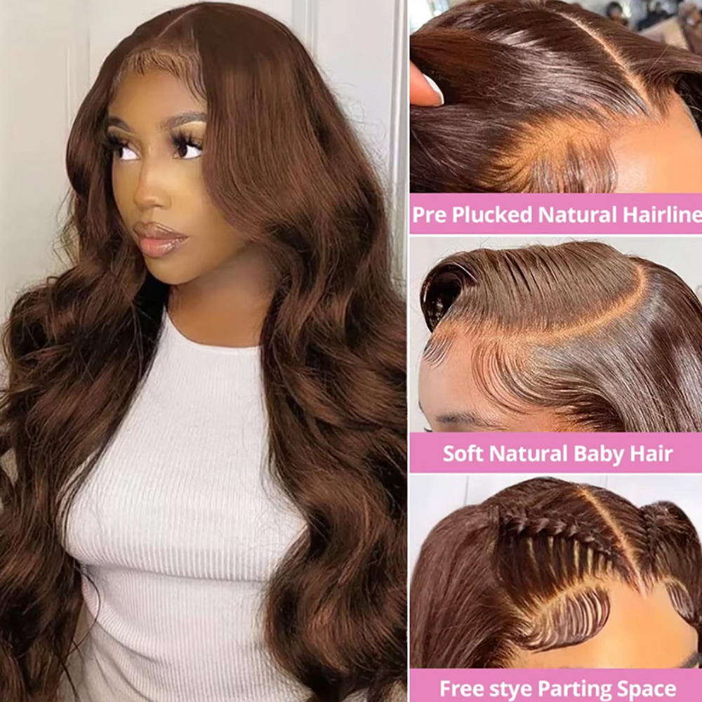 チョコレート # 4ボディウェーブウィッグ 220%密度 レ - Hd Lace Frontal Wig Human Hair Pre Plucked のレビューと価格