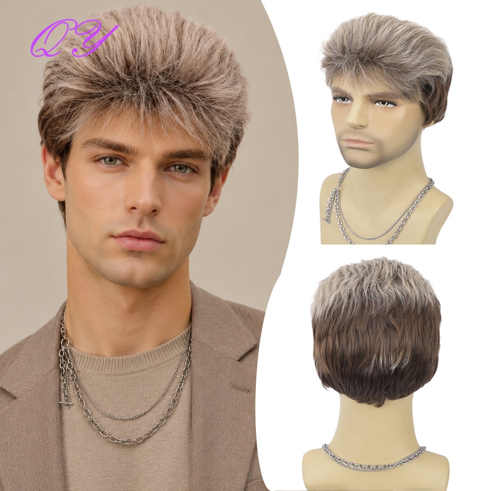 合成ショートブラウン亜麻色メンズレイヤードふわふわウィッグ前 - Synthetic Wigs のレビューと価格