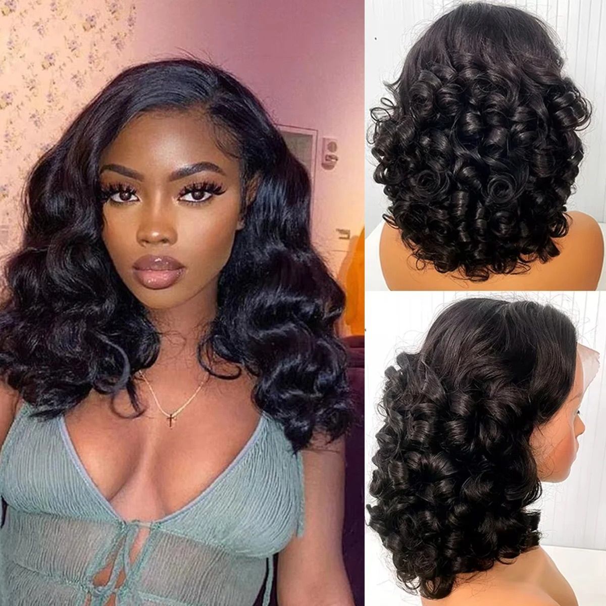 黒髪ショートボブウィッグ　ボディウェーブ　レースフロントウィ - Pre Parted 13X4 Lace Front Bob Wig のレビューと価格