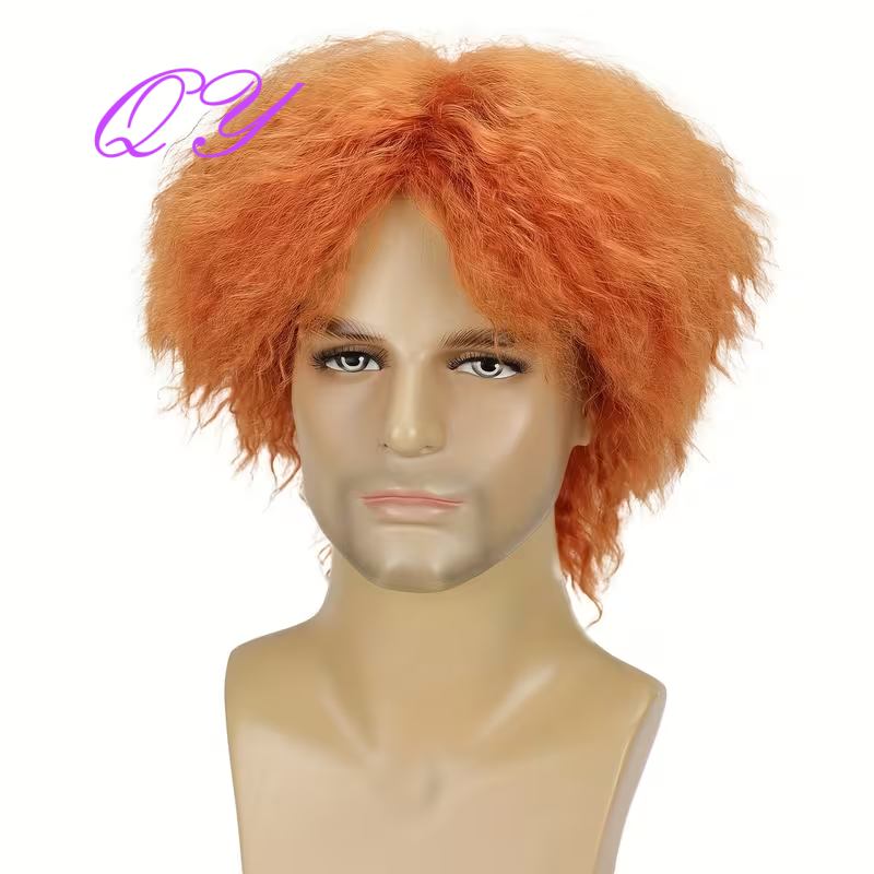 男性ショートオレンジふわふわアフロカーリーウィッグ耐熱人工毛 - Synthetic Wigs のレビューと価格