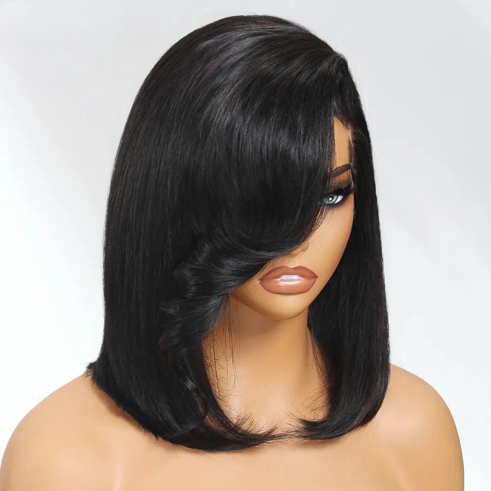 黒色のショートボブストレートレースフロントウィッグ（前髪付き - Pre Parted 13X4 Lace Front Bob Wig のレビューと価格