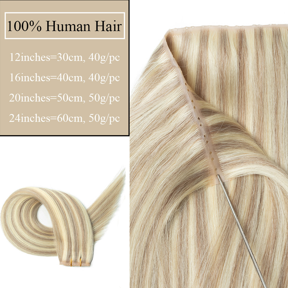 ブロンドの穴あきウィッグ人毛エクステ ストレート ツインタブ - Invisible Tape In Extensions Real Hair のレビューと価格