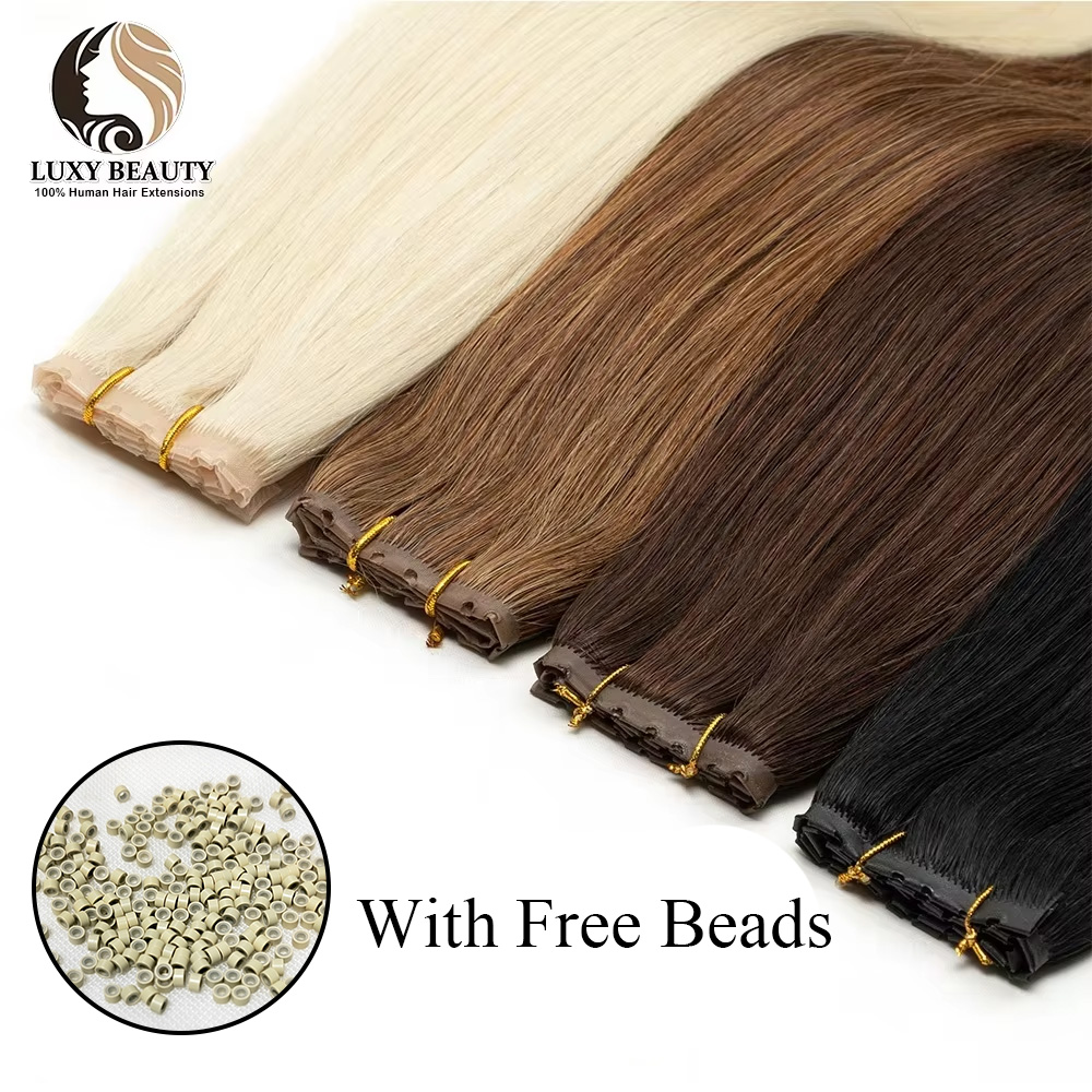ブロンドの穴あきウィッグ人毛エクステ ストレート ツインタブ - Invisible Tape In Extensions Real Hair のレビューと価格