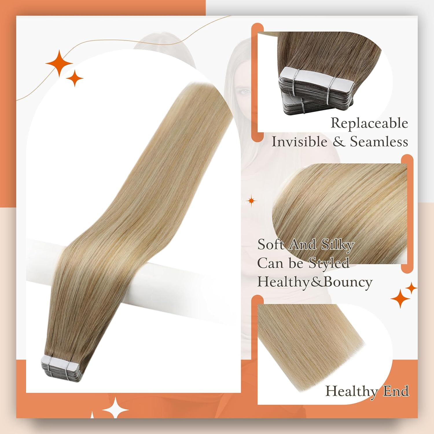 フルシャインアンバーテープヘアエクステンション人毛ブロンドカ - Invisible Tape In Extensions Real Hair のレビューと価格