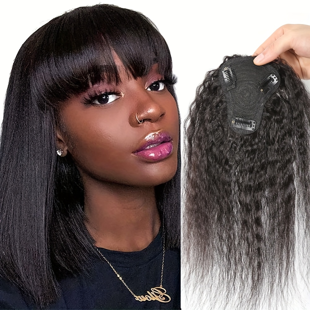前髪付きキンキーストレートヘアピース、目に見えないクリップ式 - Hair Bundles のレビューと価格